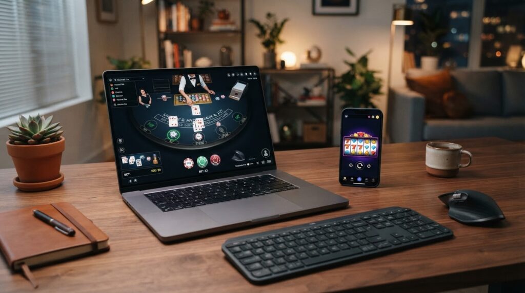 Game Casino Trực Tuyến: Đánh Giá Công Nghệ Và An Toàn Giao diện trò chơi casino trực tuyến hiện đại trên laptop và điện thoại thông minh