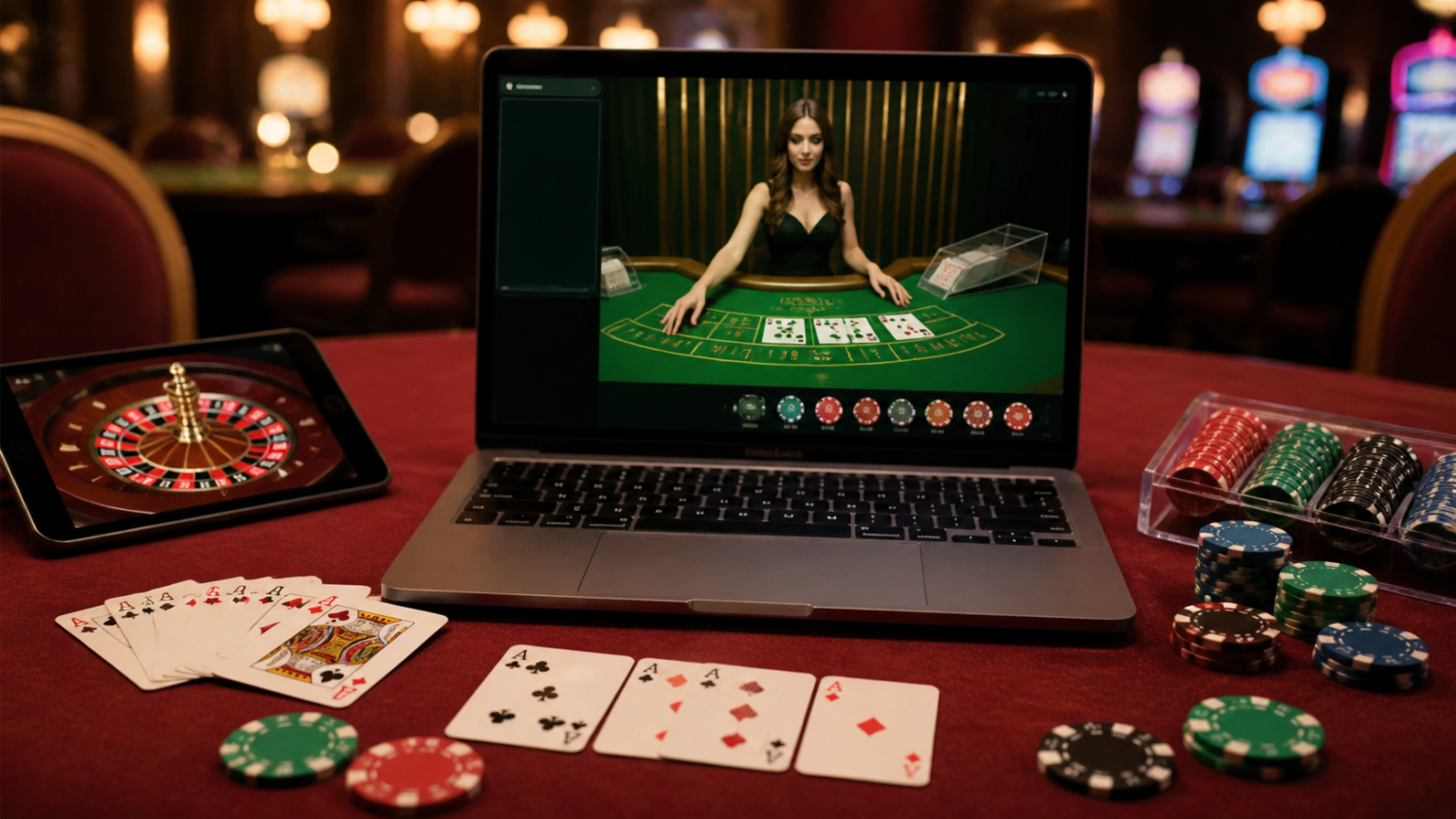 Best Online Casino Sites Singapore: What Players Should Look For Online casino interface on a laptop with cards and chips