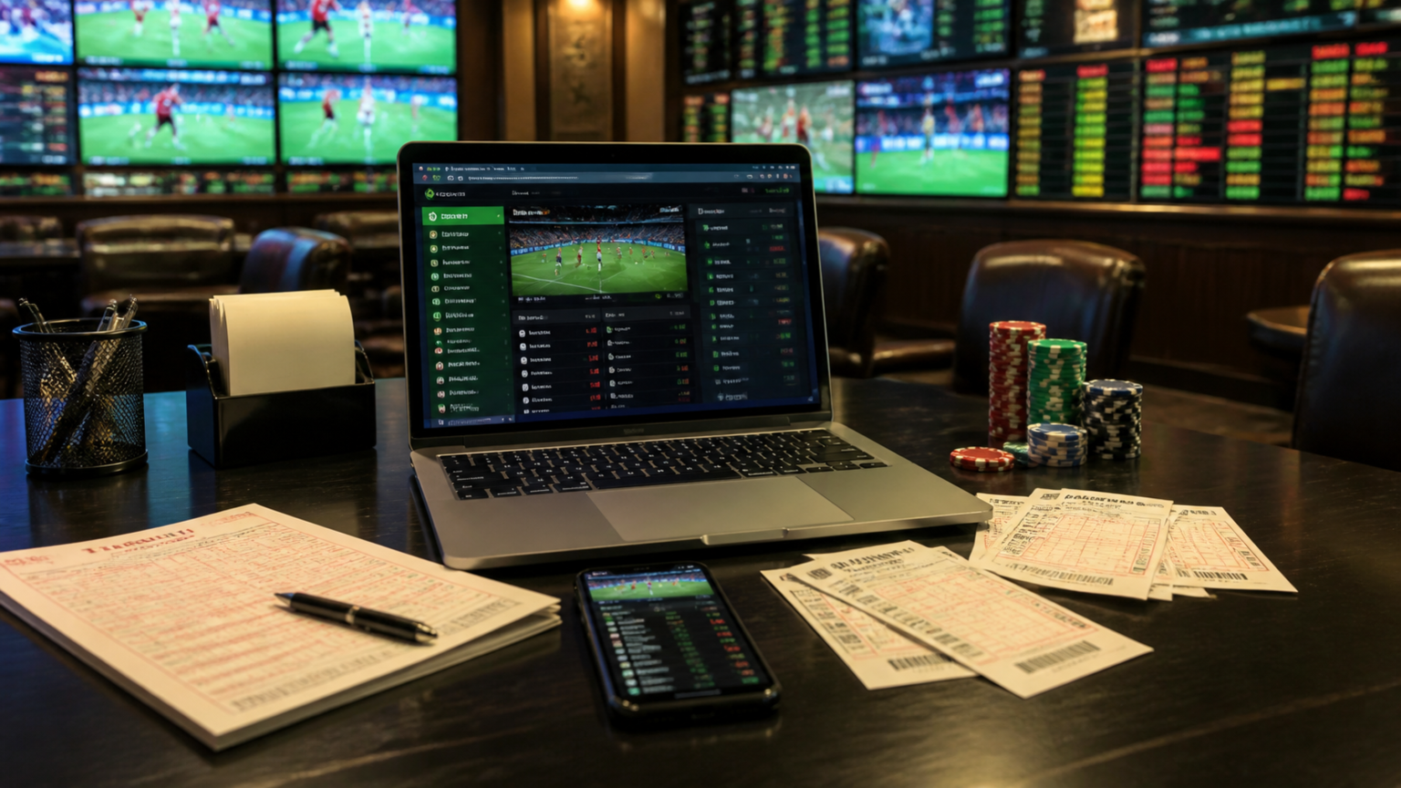 Laptop and phone showing a sports betting interface on a desk