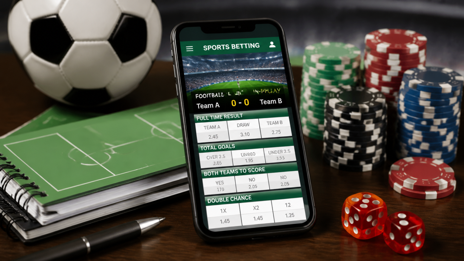 How to Compare Betting Platforms Before Signing Up: best sports betting sites Singapore Smartphone showing sports betting site beside football notes and casino chips
