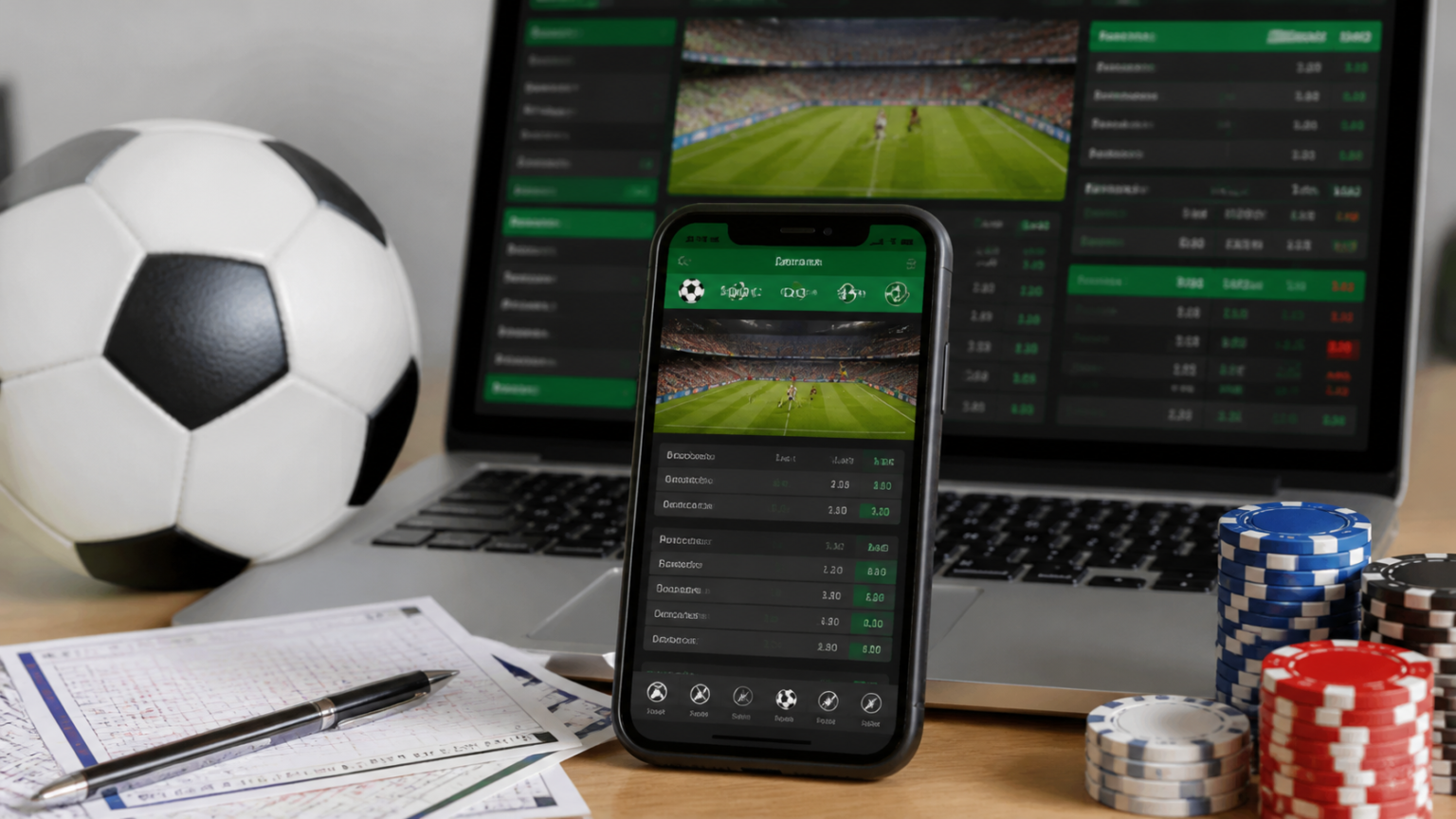 Sports betting interface on phone and laptop with match odds