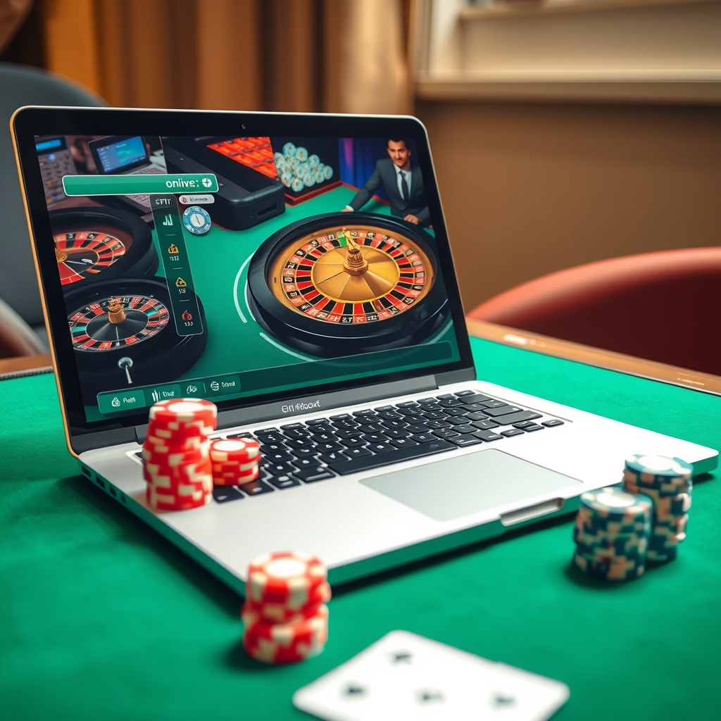 Comparing best online casino sites Singapore Laptop displaying an online casino roulette game beside casino chips on a green felt table