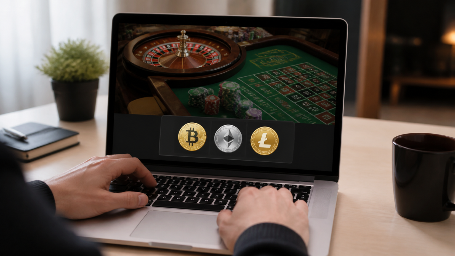 Laptop displaying a crypto casino gaming interface beside a roulette table