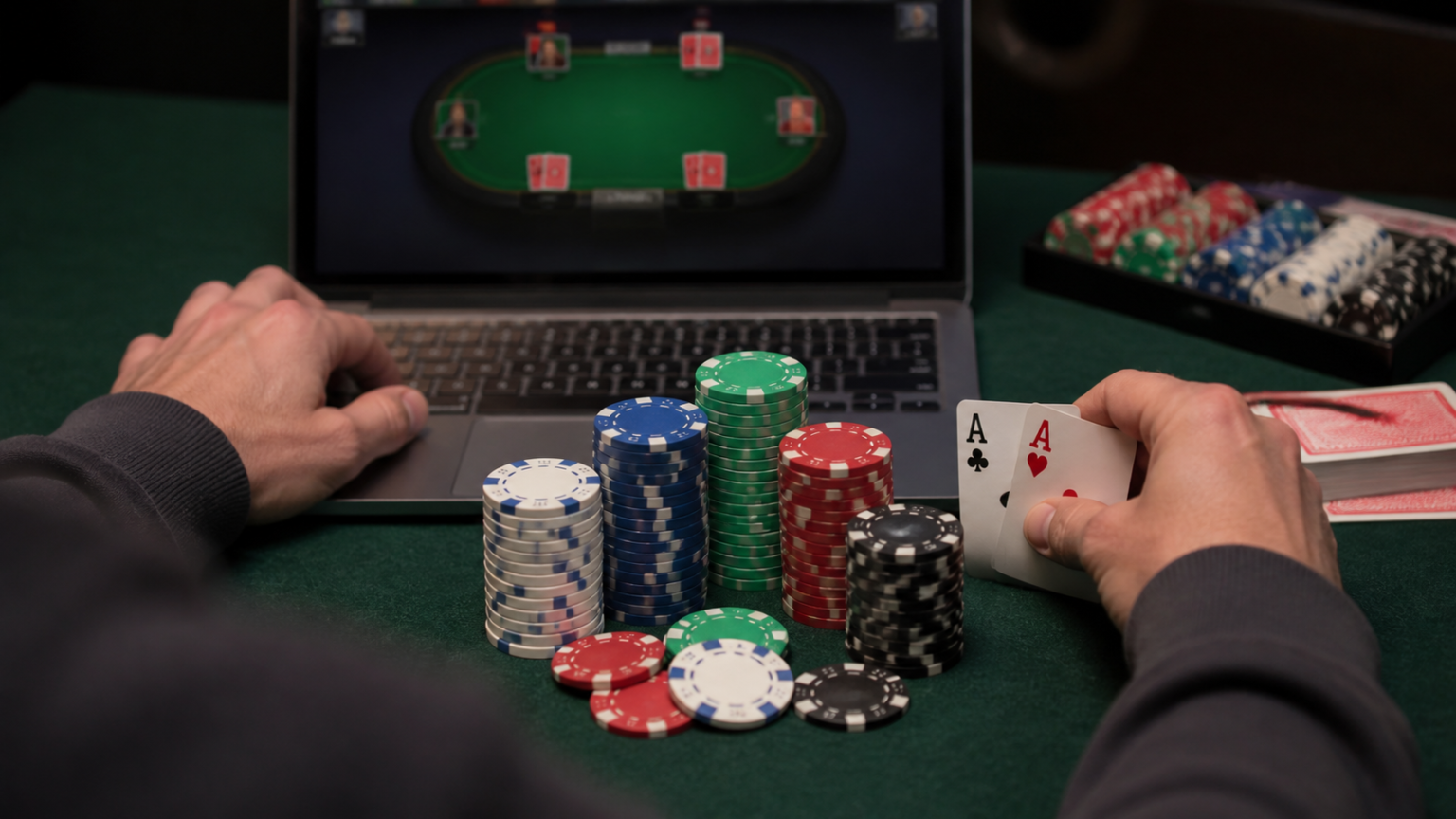 Poker table with cards and chips for online poker