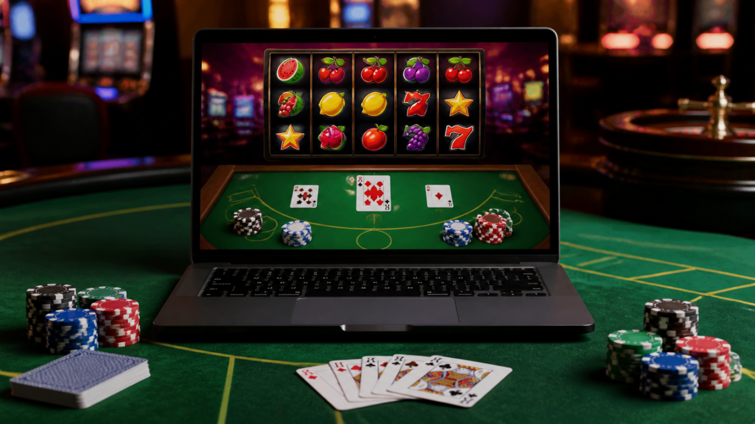 Online casino interface with slot reels and table games