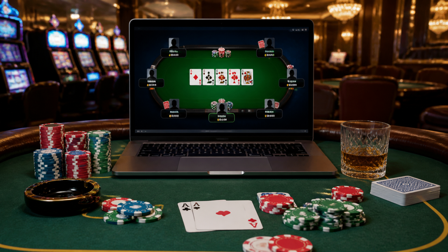 Poker chips and cards beside a laptop showing an online poker game
