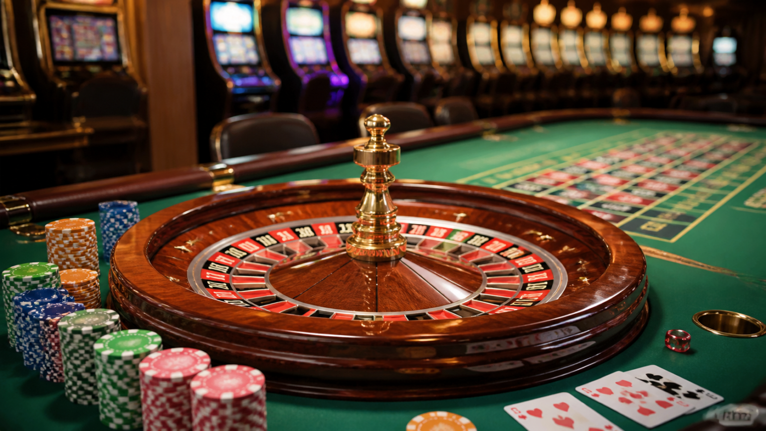 Casino gaming table with cards, roulette wheel, and slot machine