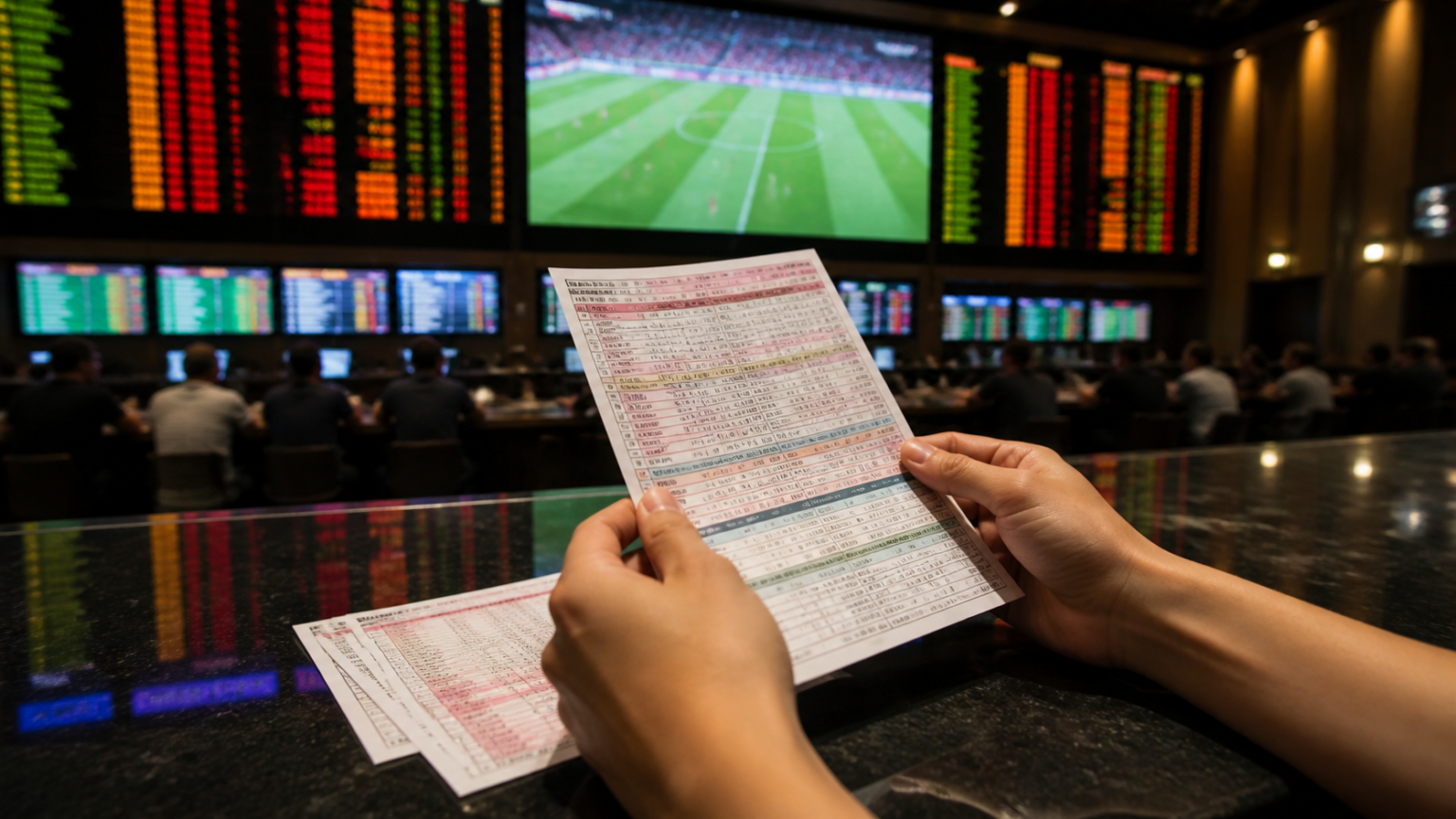 Sports Betting Malaysia: Practical Guide for Players Sports betting scene with odds board and football betting slip
