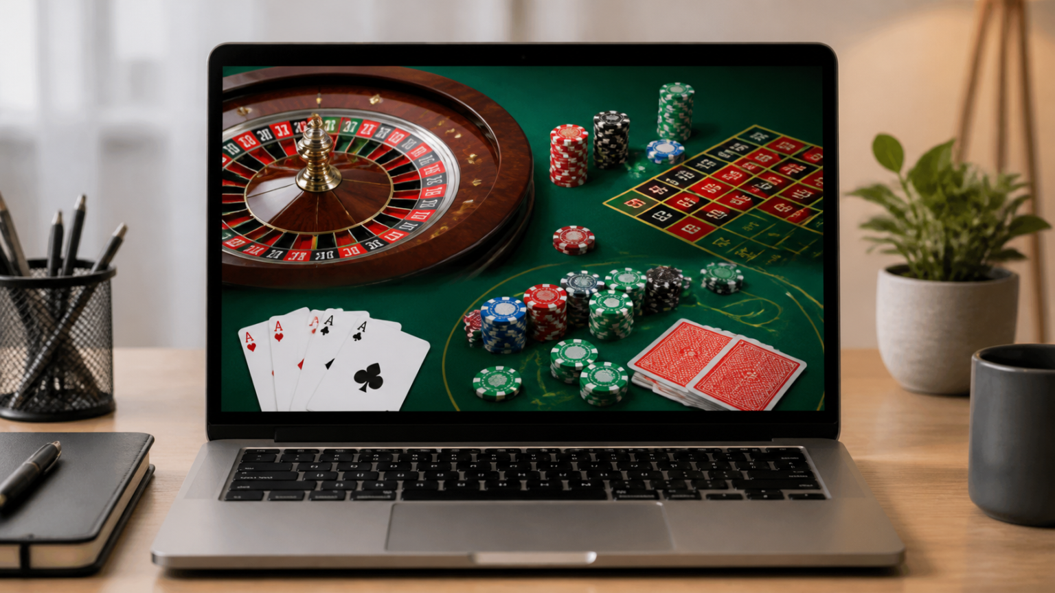 Laptop showing an online casino betting interface with roulette and card games