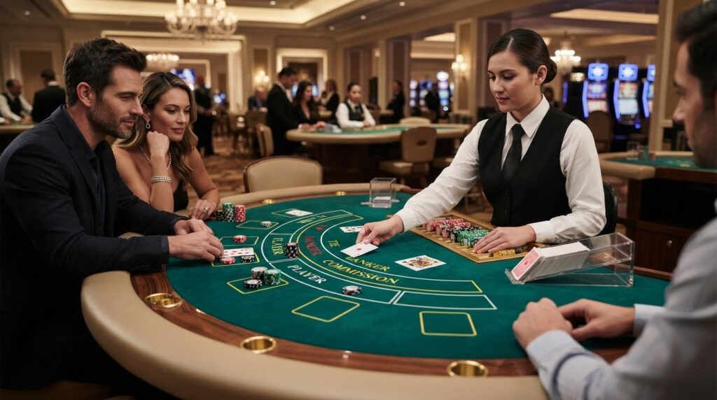 Bàn chơi baccarat game với bài tây và chip cược trong sòng bài