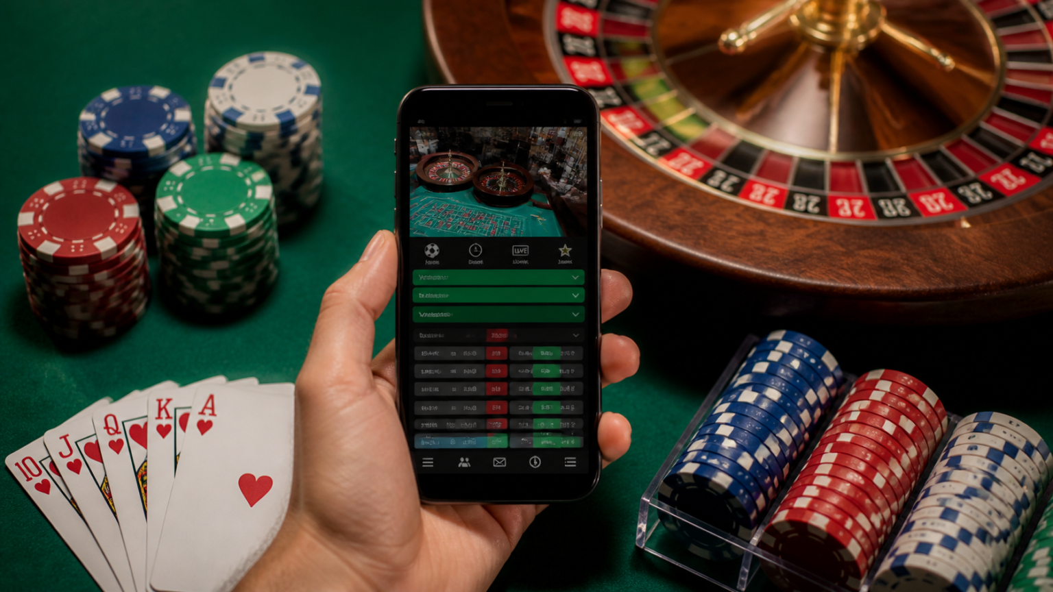 บาคาร่า ออนไลน์ เว็บไหนดี สังเกตสัญญาณเตือนของแพลตฟอร์มที่ไม่น่าไว้วางใจ Online betting Singapore scene with smartphone, chips, cards, and roulette wheel