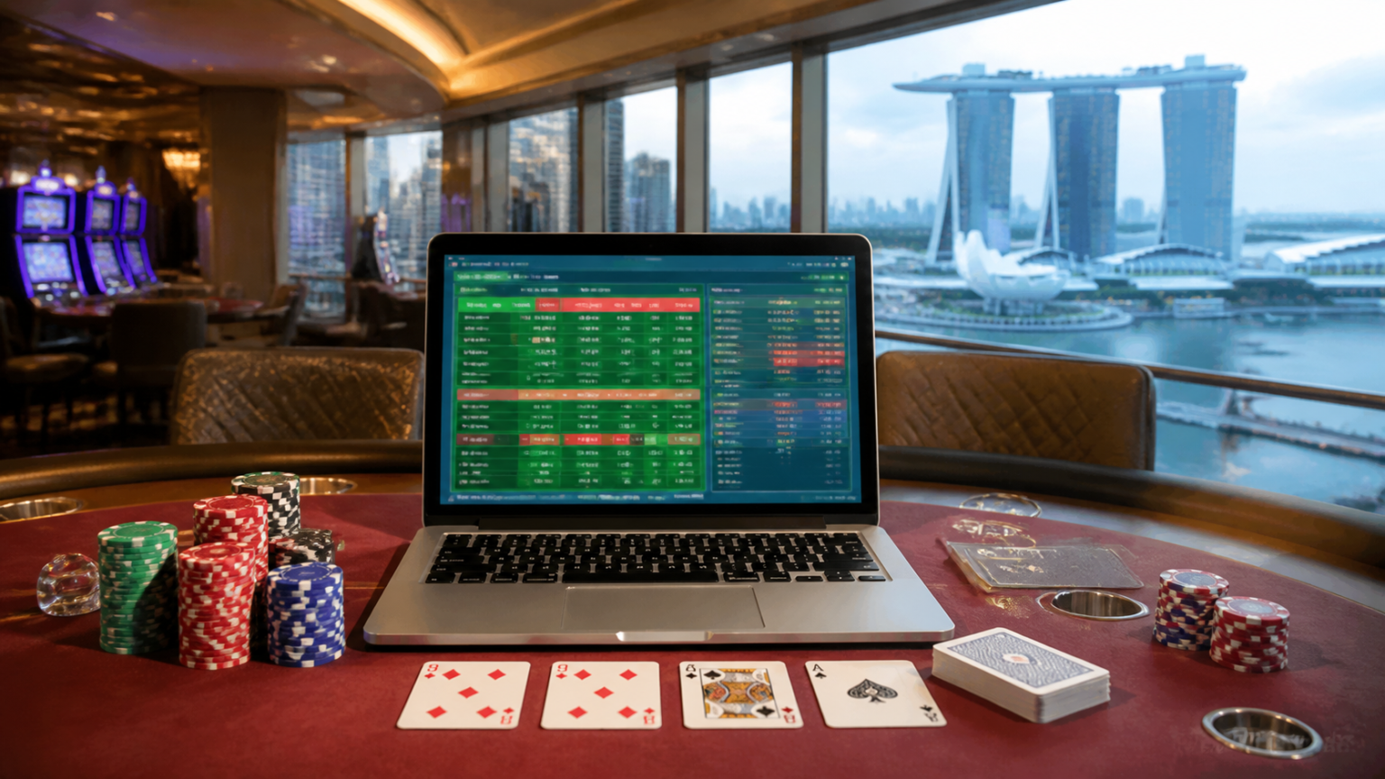 Casino-related betting setup with laptop and chips